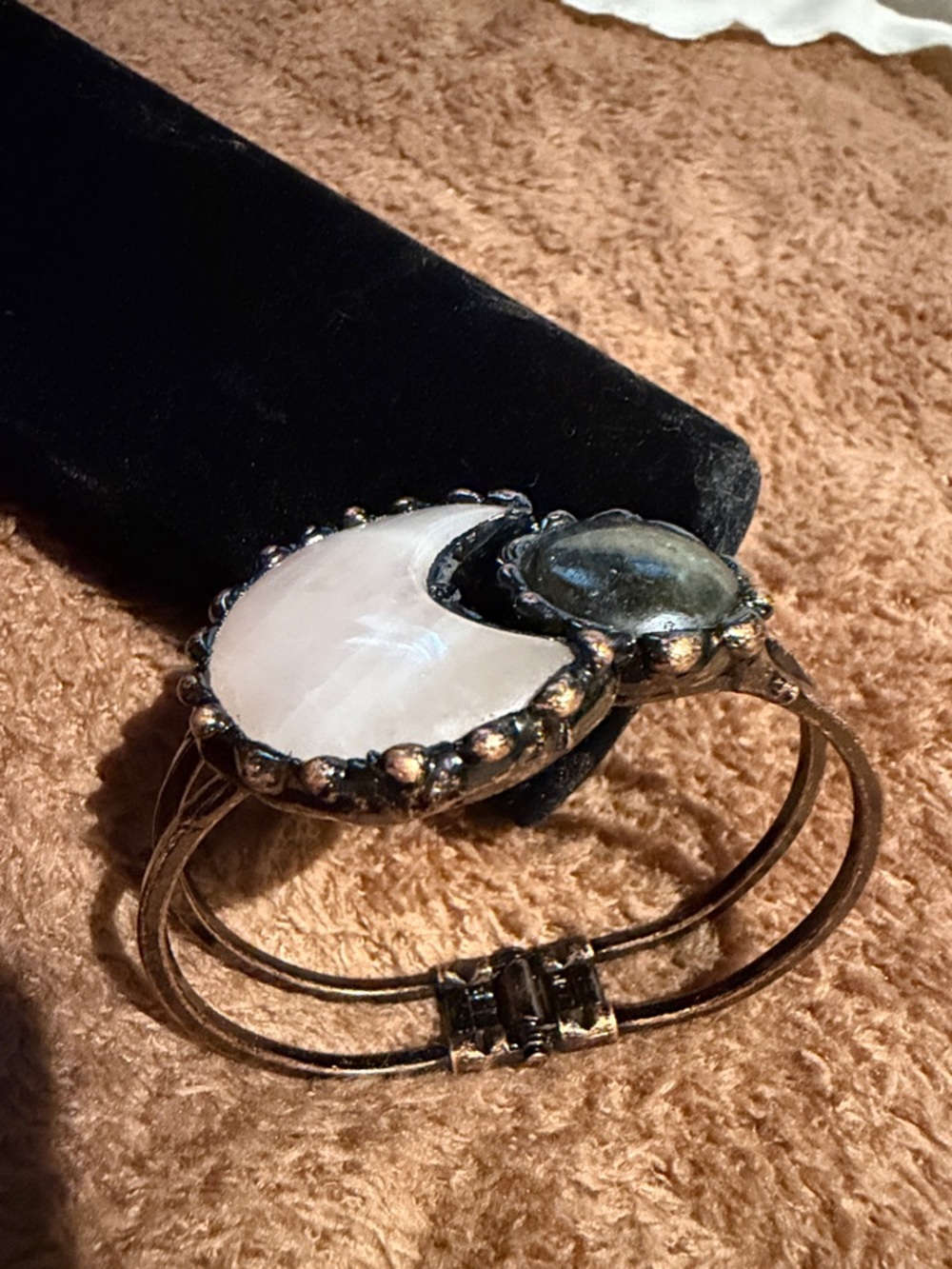 Handcrafted Rose Quartz and Green Stone Cuff Bracelet